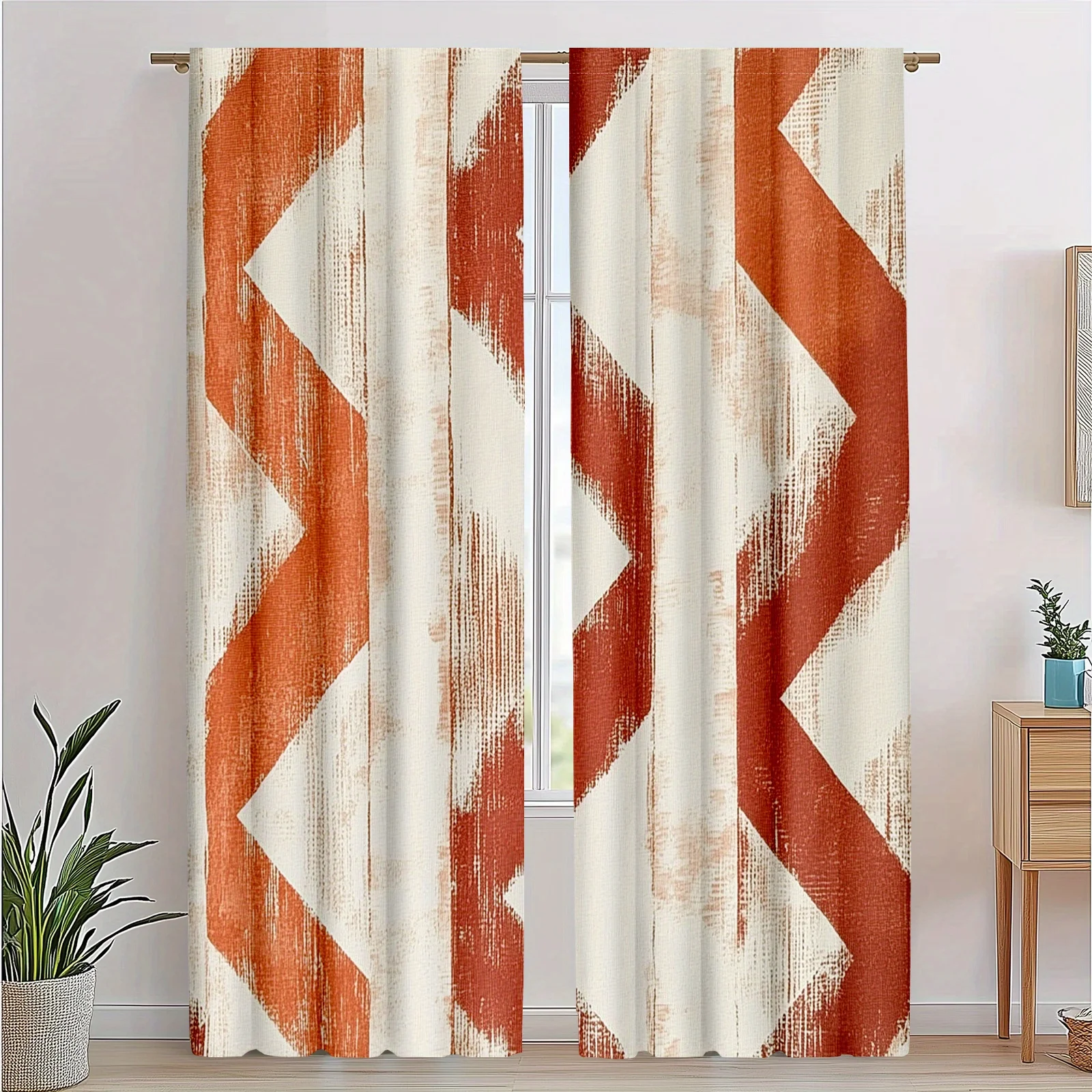 Luxury Boho Geometric Chevron Curtains Rust Orange Beige Drapes Window Panels for Living Room Bedroom Modern Home Decor Window