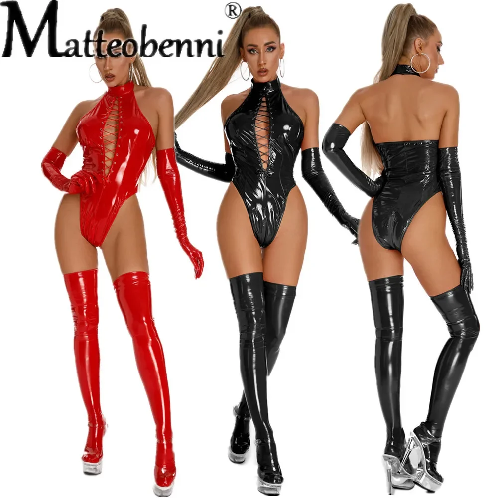 Women Sexy Lace up Lingerie Bodysuit Patent Leather Mock Neck Body Suit Glossy Zipper Catsuit for Club Pole Dancing Full Set