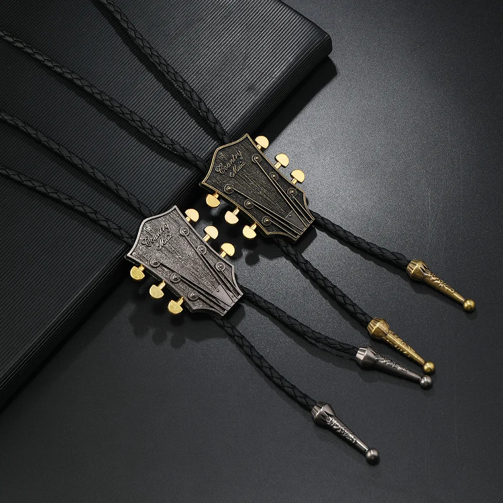 New Alloy Punk Vintage Guitar Long PU Bolos Tie for Women and Men Fashion Necktie Jewelry Accessory