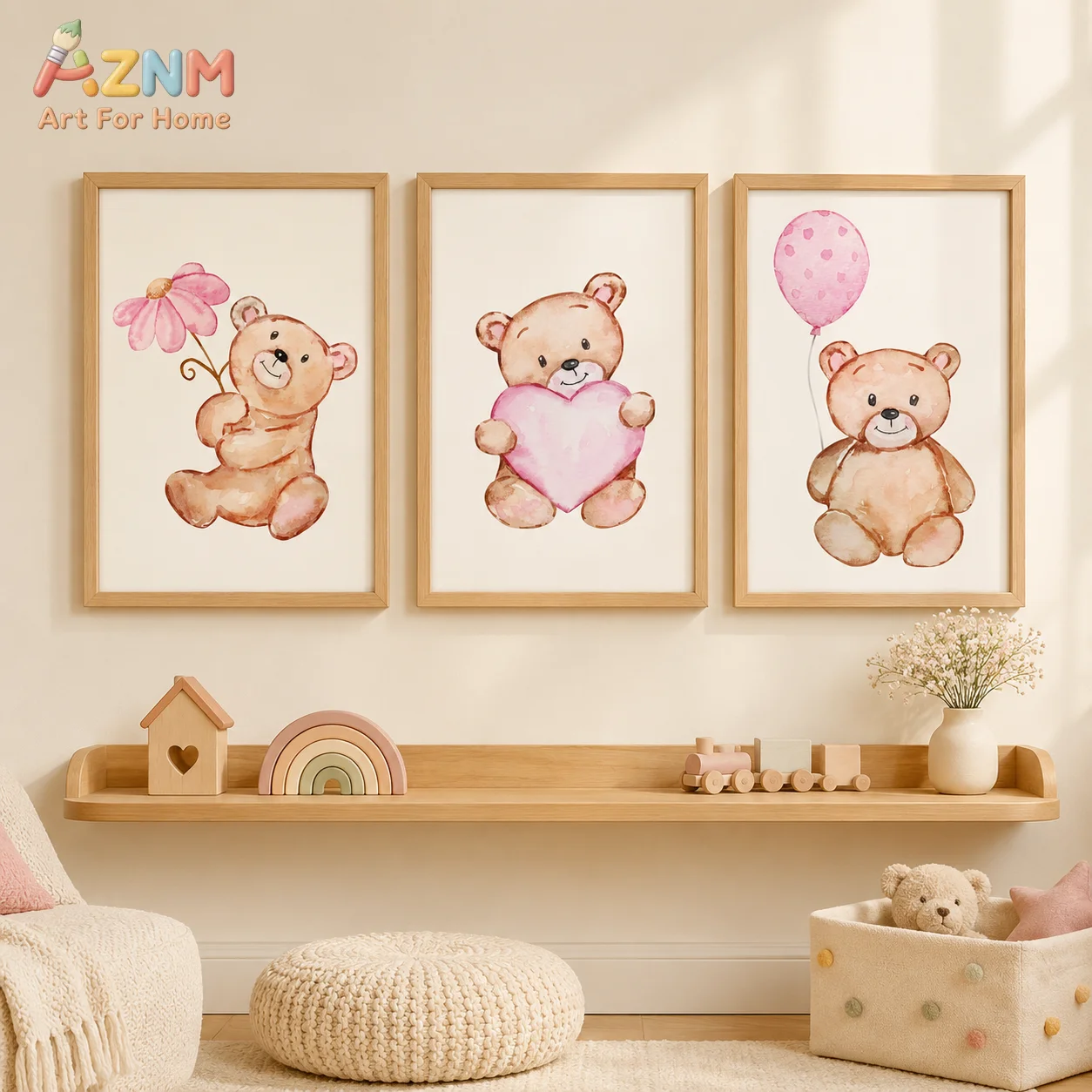AZNM Watercolor Teddy Bear Canvas Wall Art Print Pink Flower Heart Balloon Poster for Baby Girl Nursery Decor