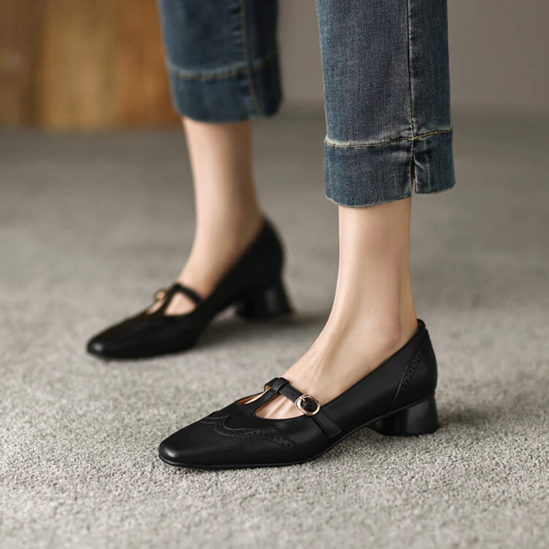 2023 Spring Women Shoes Split Leather Shoes for Women T-shaped Buckle Women Pumps Square Toe Chunky Heel Versatile Mary Janes