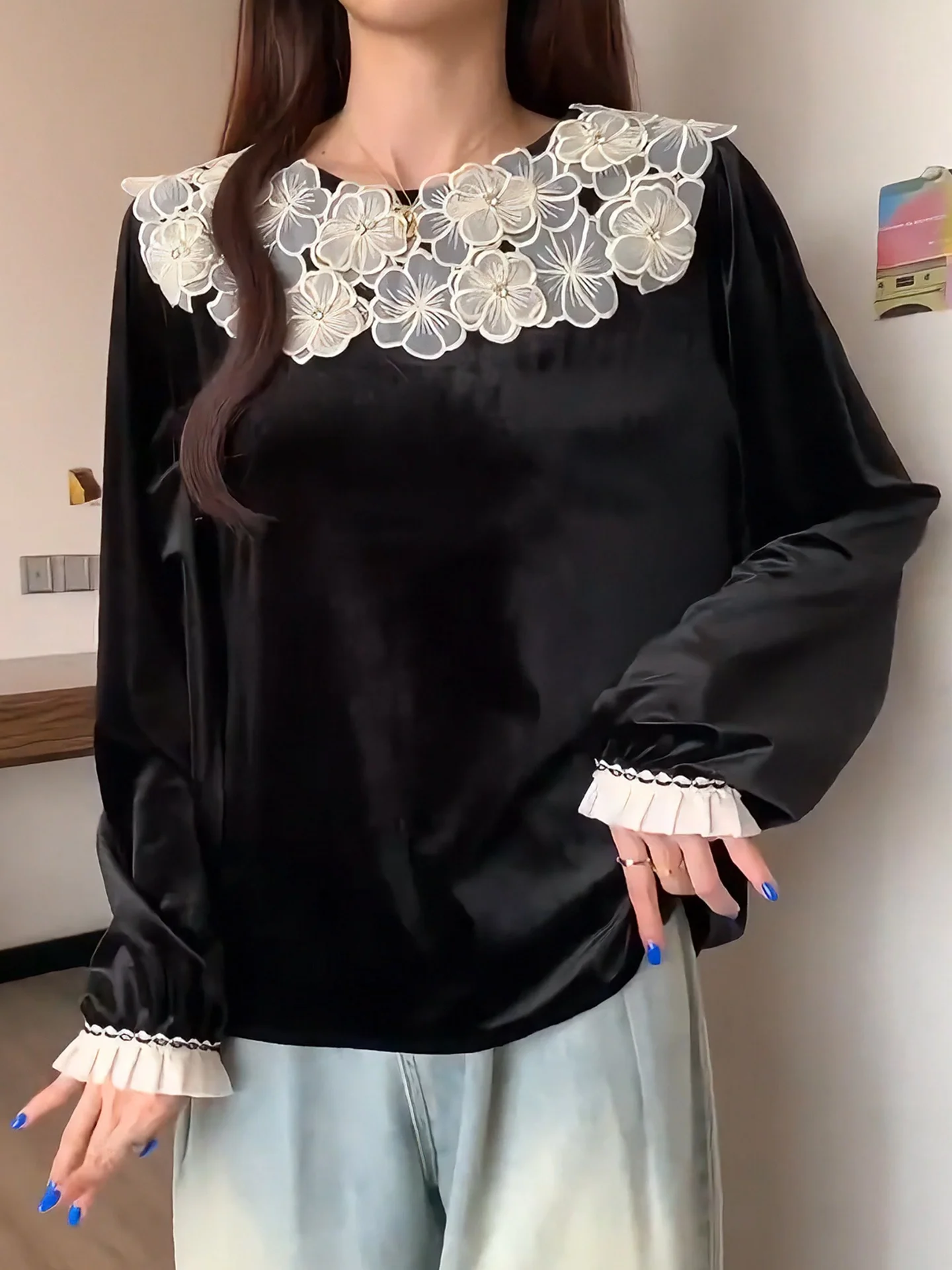 

Ele 3D Flower Bla Long Sve Women's Top plus Size Slimming Lace Splice High-End Base irt French Sle Loose Fit Dai...