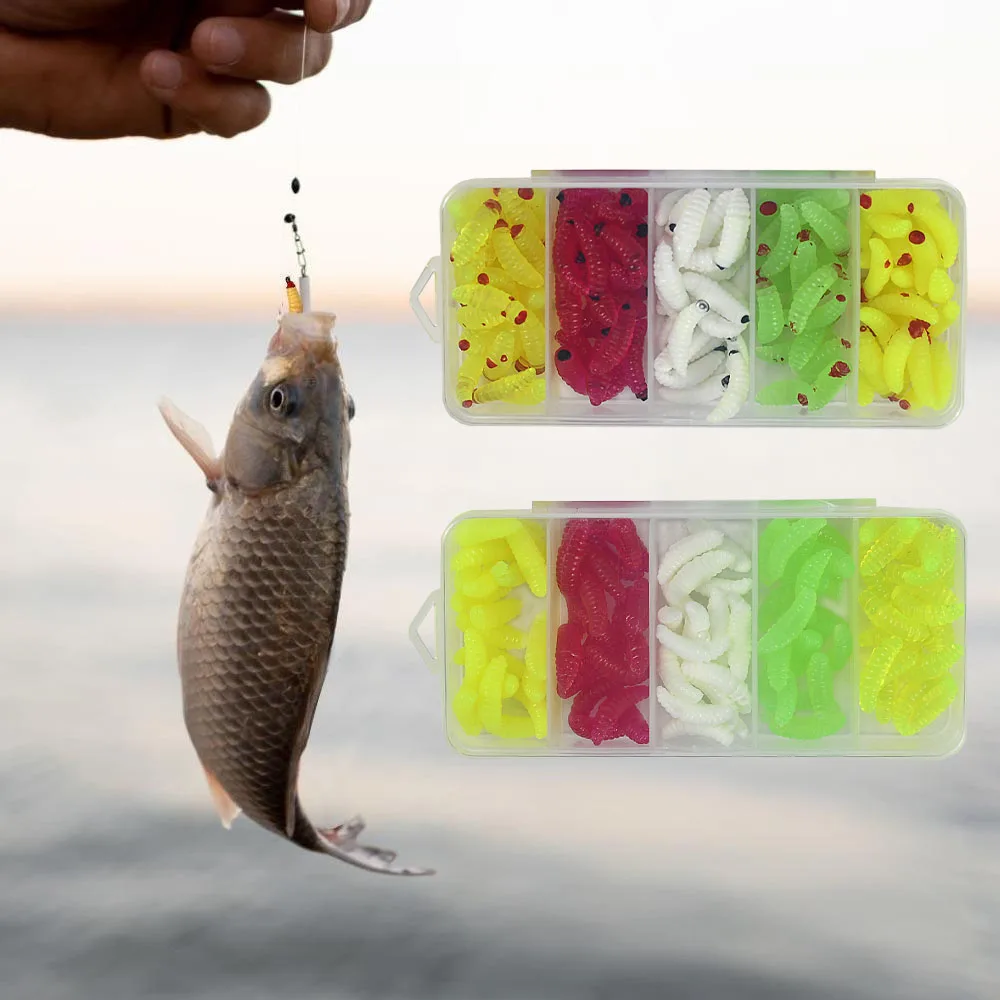 100 قطعة لينة صغيرة يرقة الطعوم 2 سنتيمتر 5 ألوان مختلط الصيد السحر سيليكون بيونيك الخبز دودة إغراء صندوق الصيد سمك السلمون المرقط جثم باس #6