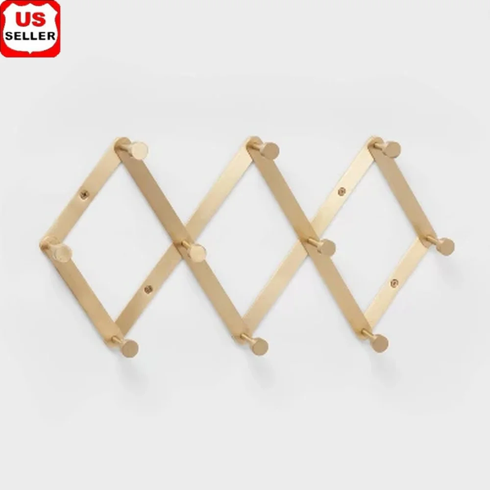 

Gold Tone Accordion 10 Hooks Wall Mounted Decorative Hook Rack Lacquered Aluminum Stylish Storage Solution Bags Keys Coats
