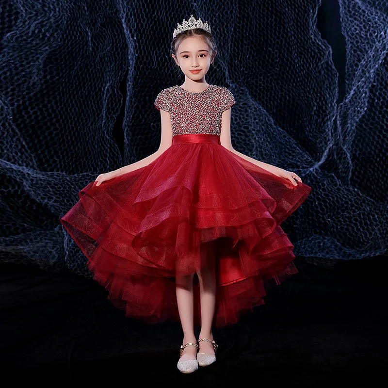 Girls Elegant Luxury Sequin Dress Teen Girls 12 Years Off Shoudler Party Gown Little Kids Tulle Formal Cocktail Dresses High Low