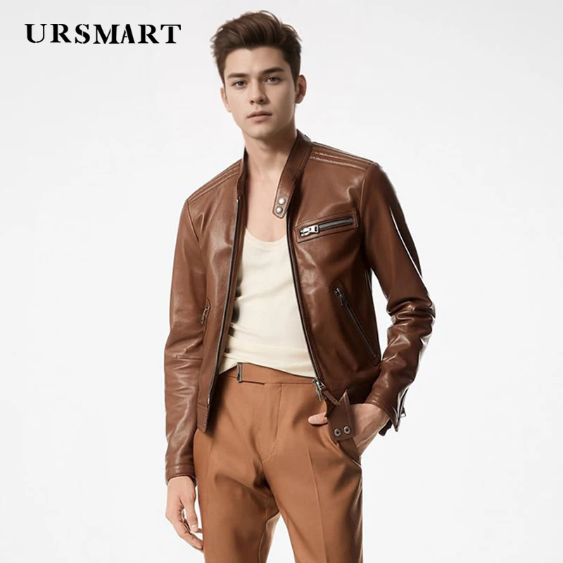 

Men's High-Quality Short Stand-Up Collar Leather Jacket - British Fashion Custom Brown Sheepskin Calf Leather Coat