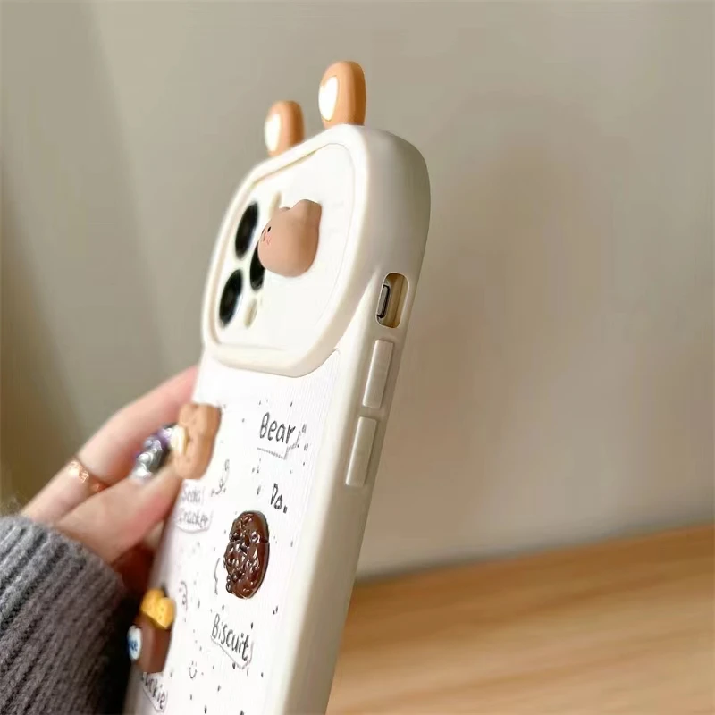 Coffee Biscuit Cute Bear Large Sight Window Sliding Camera Phone Case for iPhone 15 14 13 12 Pro Max 11 3D Love Ear Cover Coque