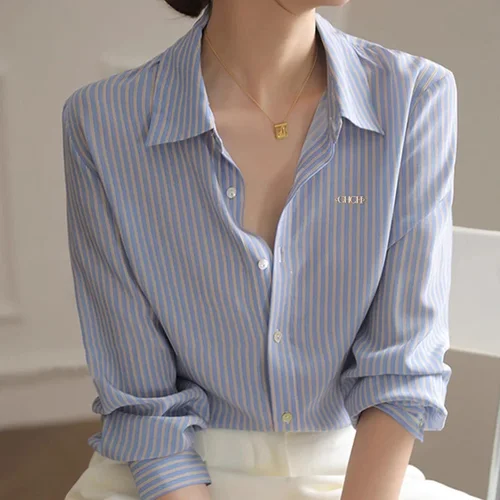 Imagen 1 del producto Camisa de manga larga para mujer, nueva camisa clásica Popular de alta calidad para mujer, Tops Vintage elegantes a rayas versátiles para oficina para mujer