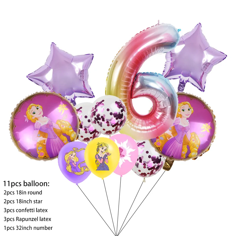 Décorations de fête princesse Raiponce pour filles, fournitures d\'anniversaire, gobelet en papier, assiette, bannière, ballons, Disney, LED plus