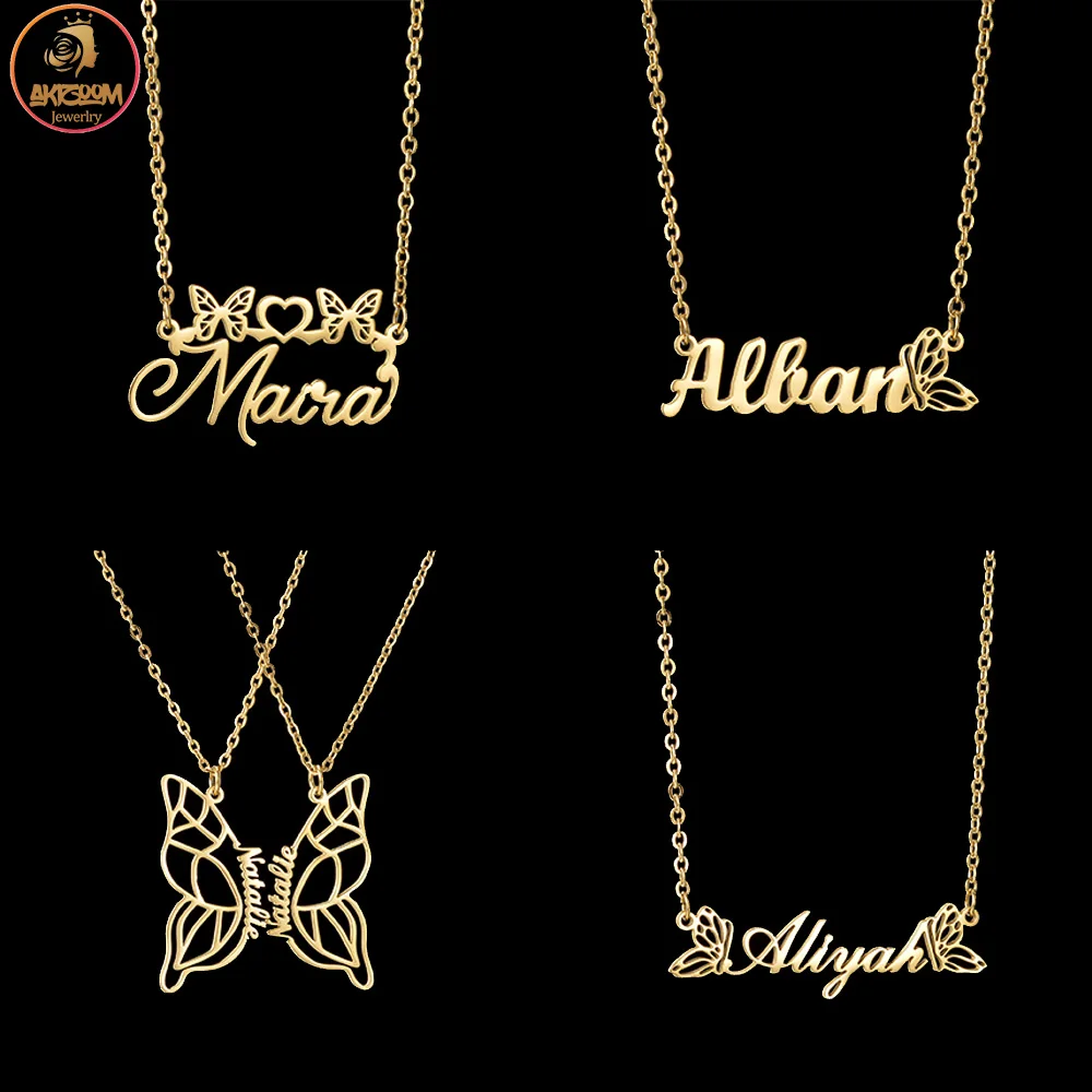 

Akizoom Customized Name Necklaces Personalized Stainless Steel Pendant Letter Gold Color Butterfly for Women Kids Jewelry Gift