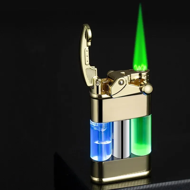 Hot Gas Outdoor Windproof Metal Turbine Torch Large Fire Lighter Green Flame Kitchen Barbecue Cigar Camping Lighter Gift for Men