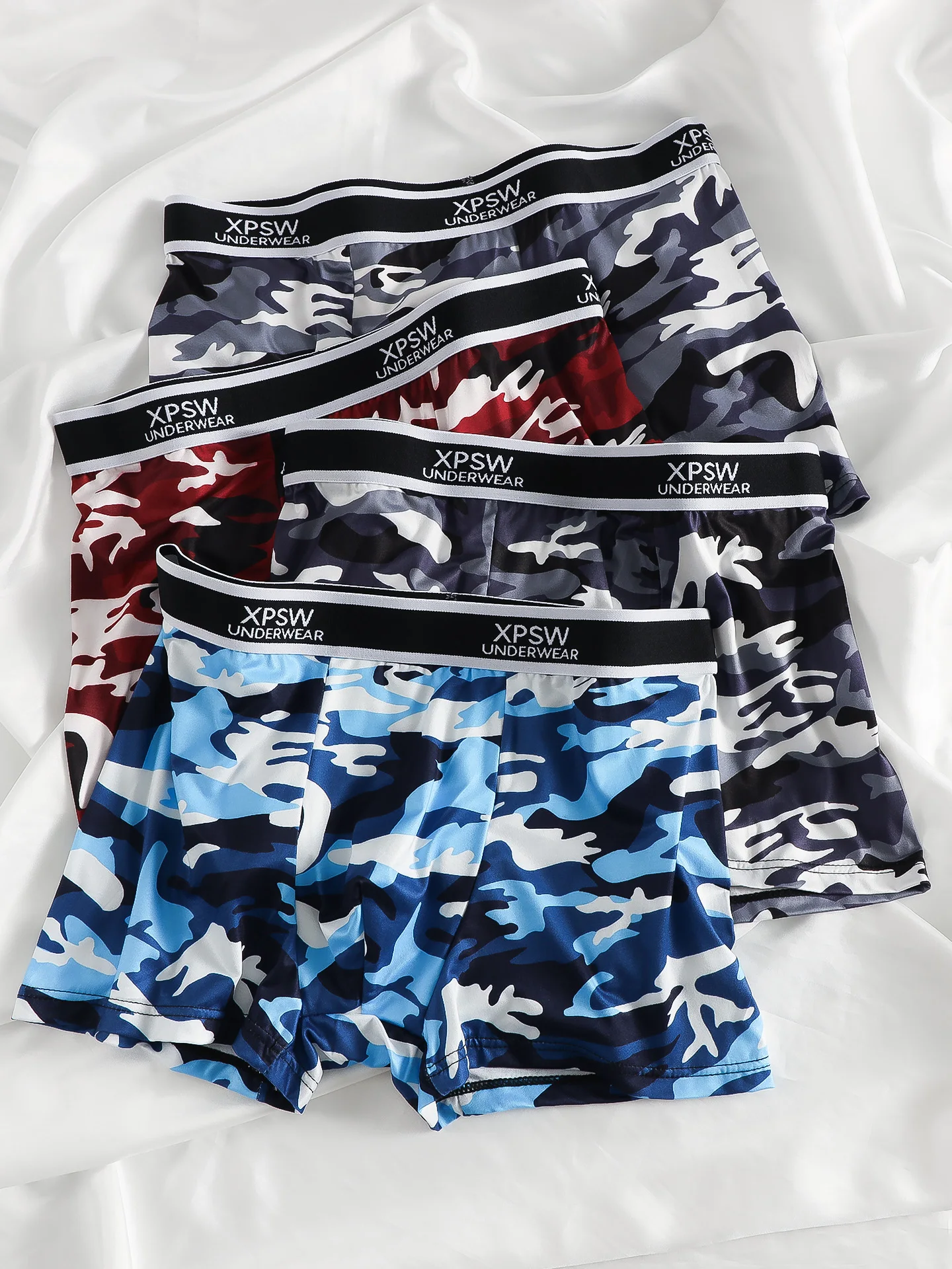 Men's 4-Pack Polyester Boxer Briefs - Camouflage Print, "XPSW UNDERWEAR" Waistband