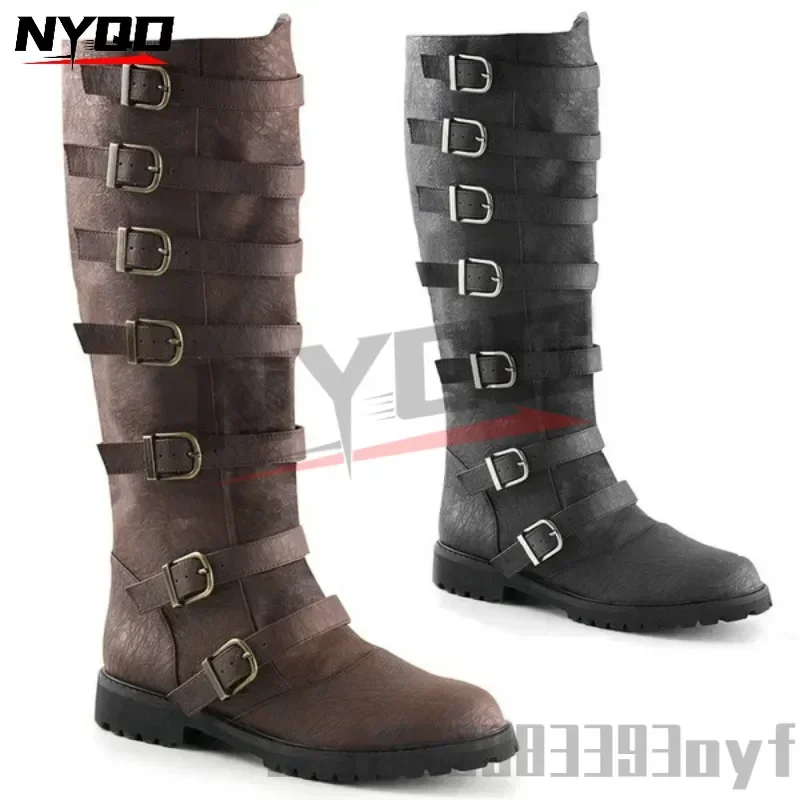 

Retro Belt Buckle Boots Women Mid Calf Boots Winter Knight Boots Booties Plus Size 35-48 botas motocross
