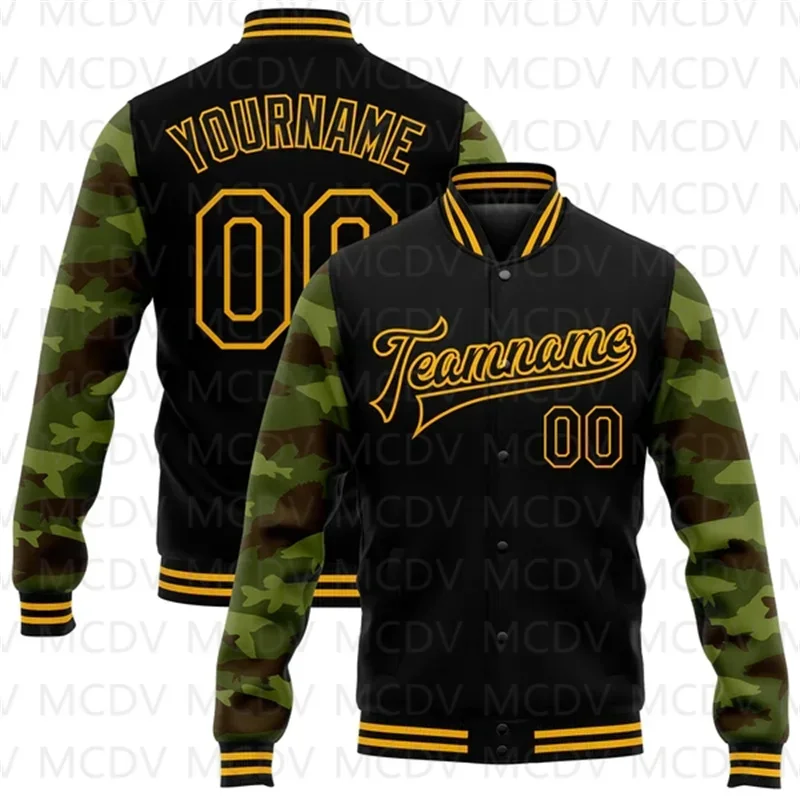 

Custom Black Gold Fish Camo Sleeves 3D Pattern Design Bomber Full-Snap Varsity Letterman Jacket