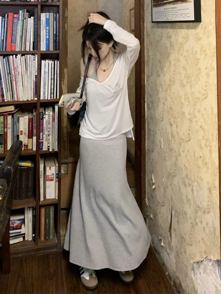 

Женские комплекты с длинными рукавами, тонкие солнцезащитные универсальные топы, платья с открытой спиной, длиной до щиколотки, темпераментная летняя новая модная уличная одежда Ins