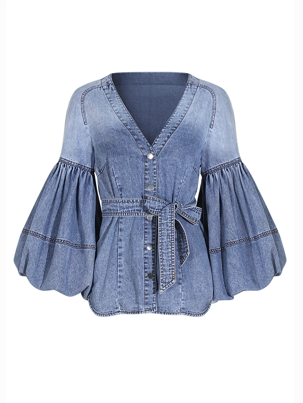 

2025 New Trendy Thin Denim Blouse Tops for Women Lantern Sleeve V-neck High Waist Single Breasted Slim Shirts