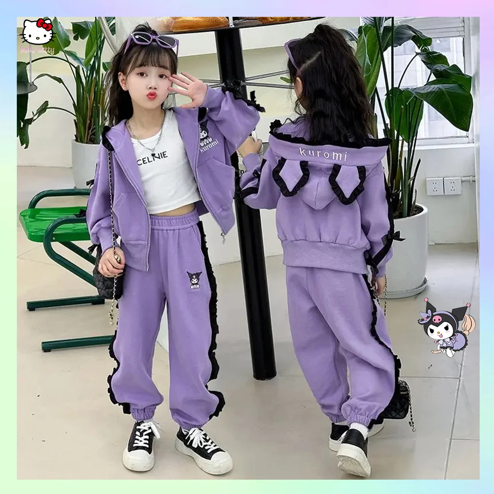 2Pcs Kawaii Sanrios Anime Kuromi Cinnamoroll Children\'s Set Korean Version Spring Girl Cartoon Coat Jacket Pants Casual Fashion