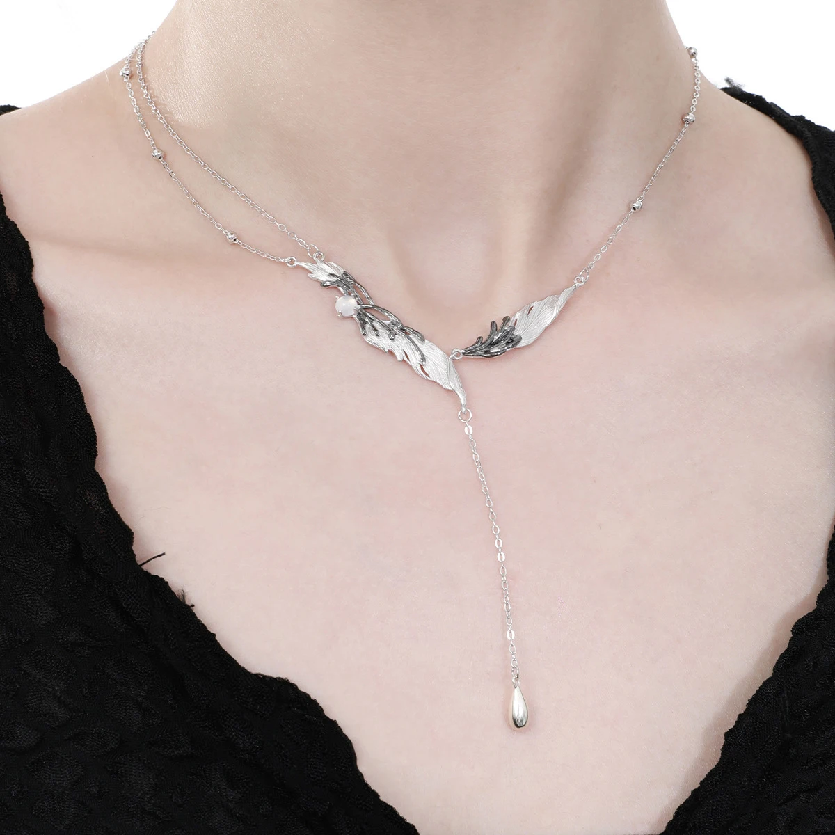 F.I.N.S Wing S925 Sterling Silver Necklace Retro Old Color Separation Waterdrop Pendant For Women Clavicle Chain Fine Jewelry