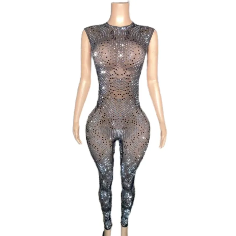 

Full Rhinestone Mesh Jumpsuit Hosting Walk Show Party Nightclub Bar Singer Performance Costume