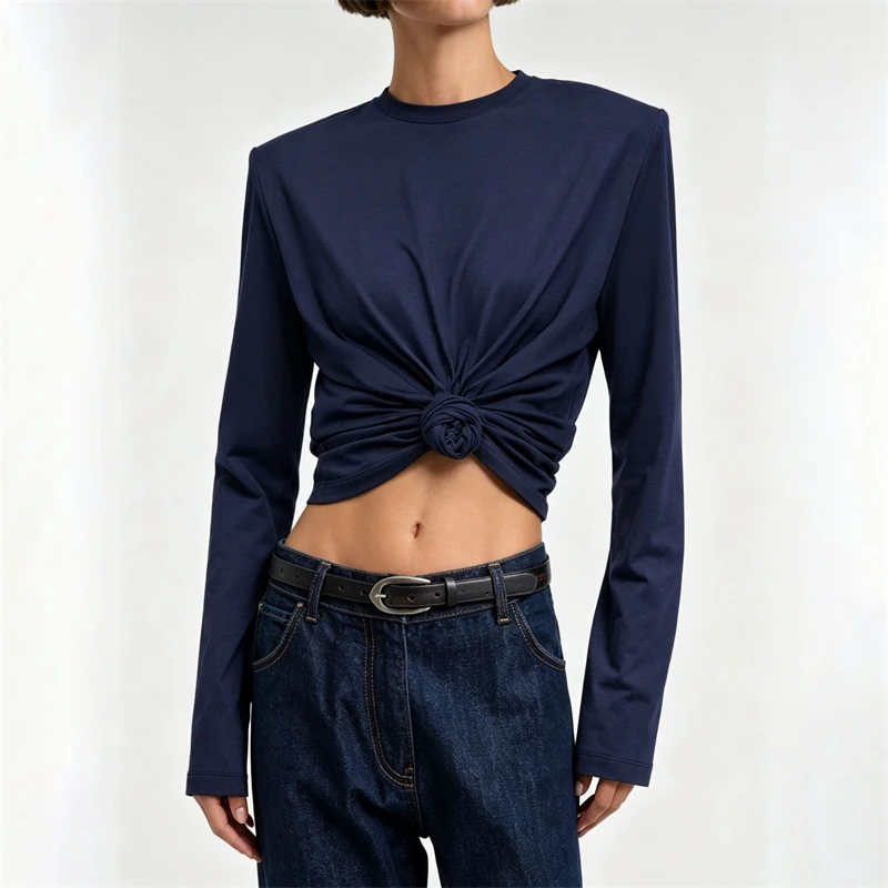 Autumn New round Neck T-Shirt Knot Flower Shoulder Padded Long Sleeve High Quality Fashion Casual Modal Short Crop Top