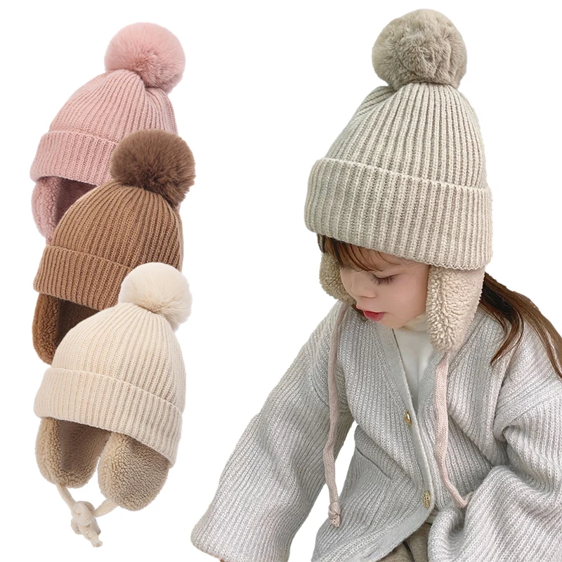 2-6Y Winter Baby Hat Big Pompom Earflap Beanie Wool Plush Lining Infant Knitted Cap for Girls Boys 2023 Kids Warm Accessories