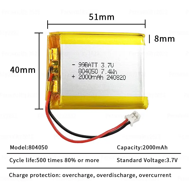 804050 2000mAh Lithium Ion Battery 3.7V Lipo Li-Polymer Batteries for Massager Medical Equipment Car Air Filter Loudspeaker