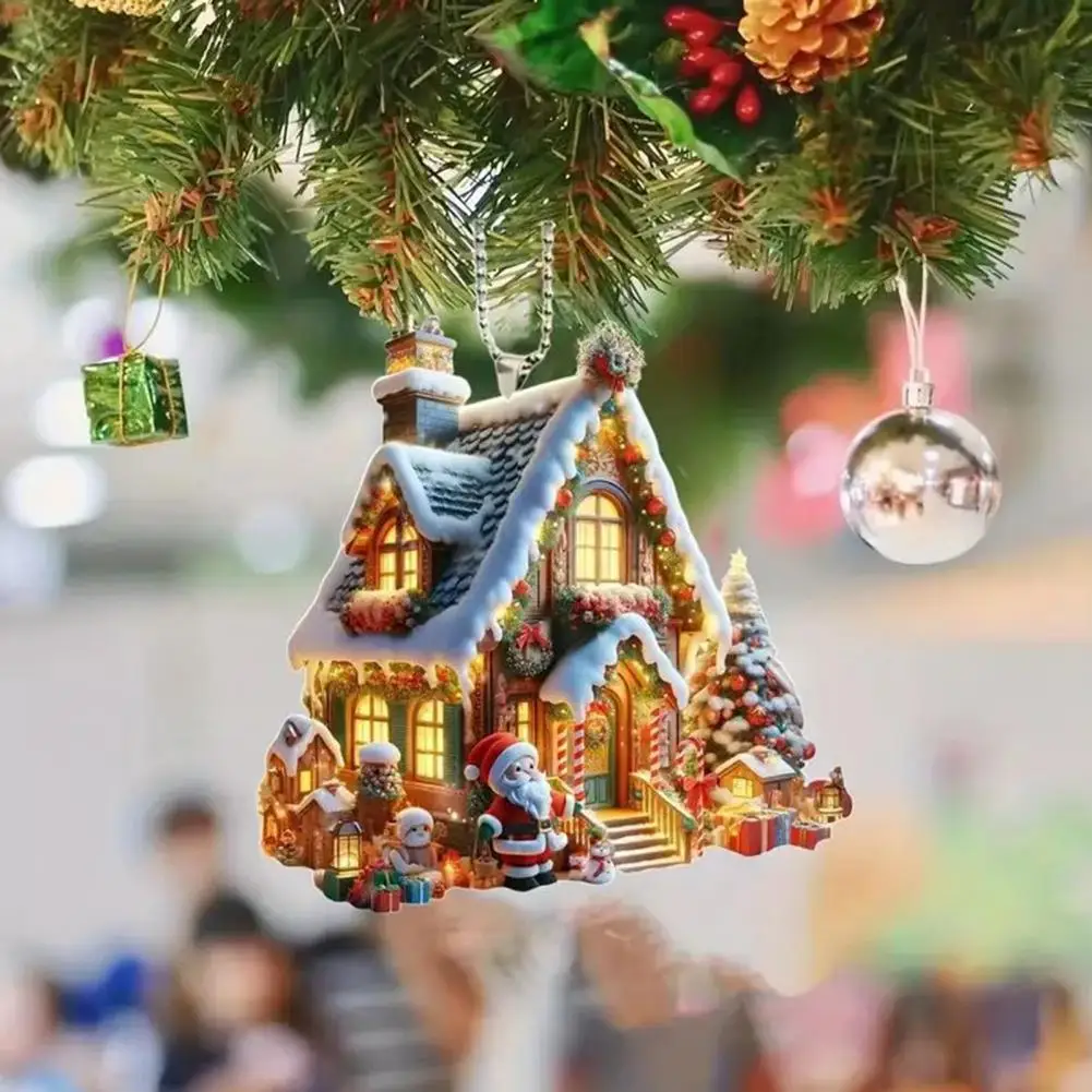 Christmas Ornament Santa Claus Snowy Village House Christmas Ornament Flat Acrylic Log Cabin Hanging Decoration for Home Car