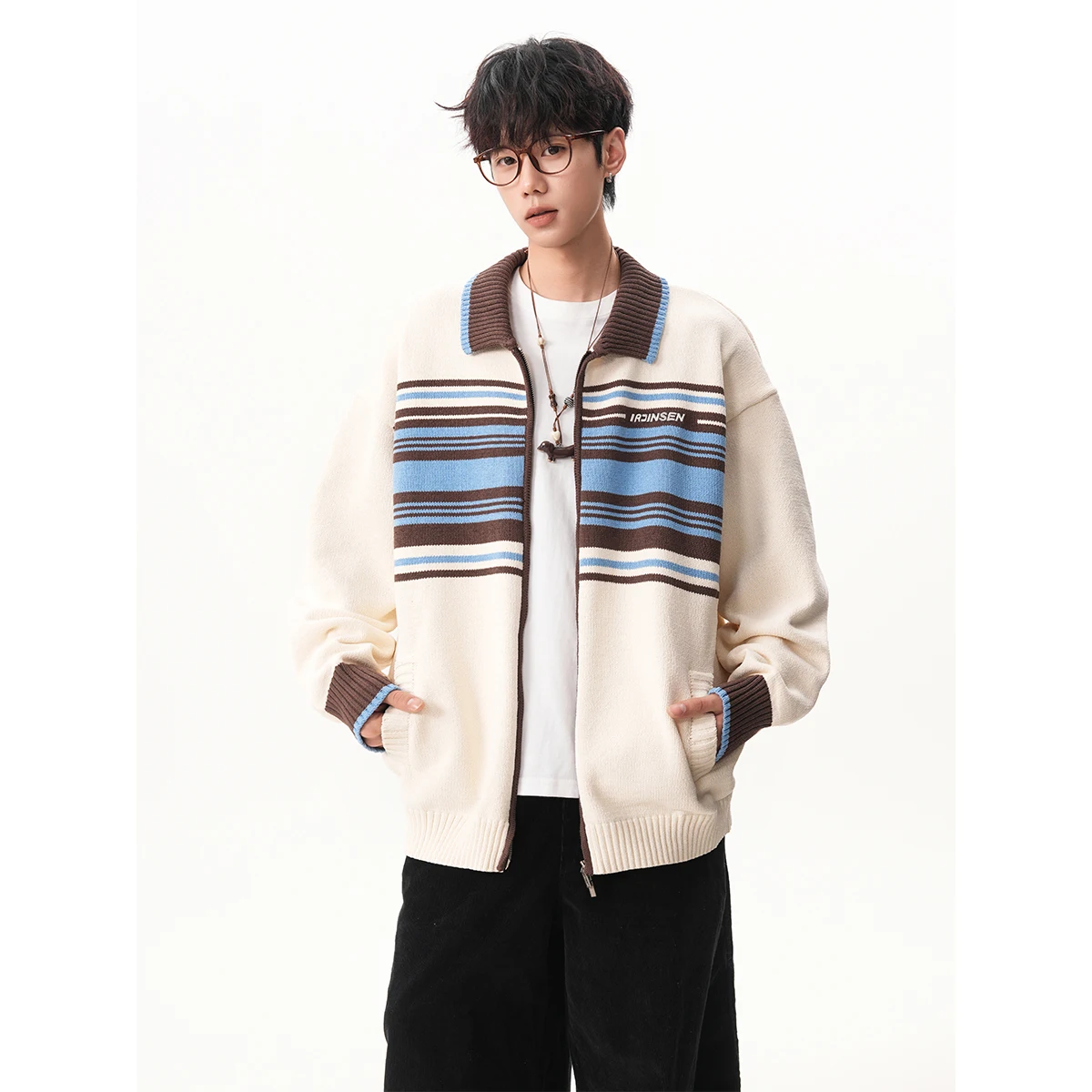 2025 Autumn Winter New Apricot Striped Cardigan Sweater Men's Turn-down Collar Black Color Block Loose Casual Knitwear