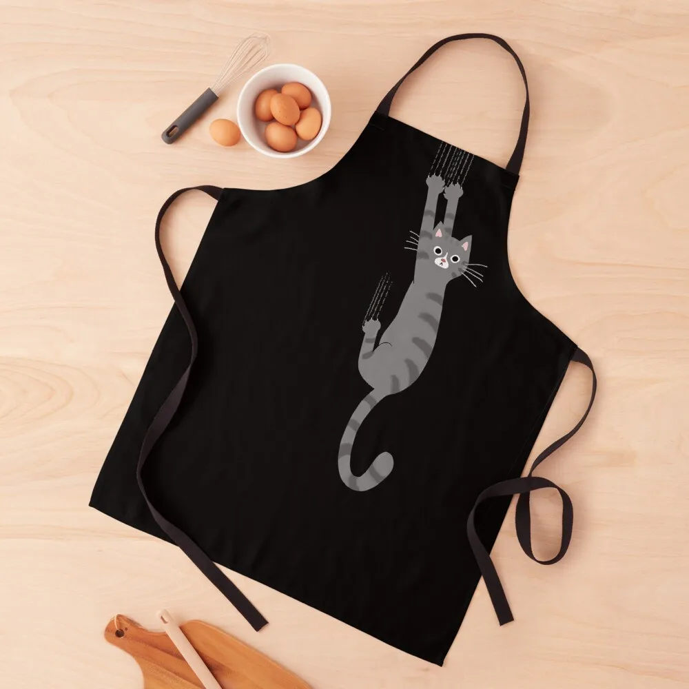 

Grey Tabby Cat Hanging On Funny Gray Striped Cat Holding On with Claws Apron Cooking Clothes Customizable Woman painting Apron