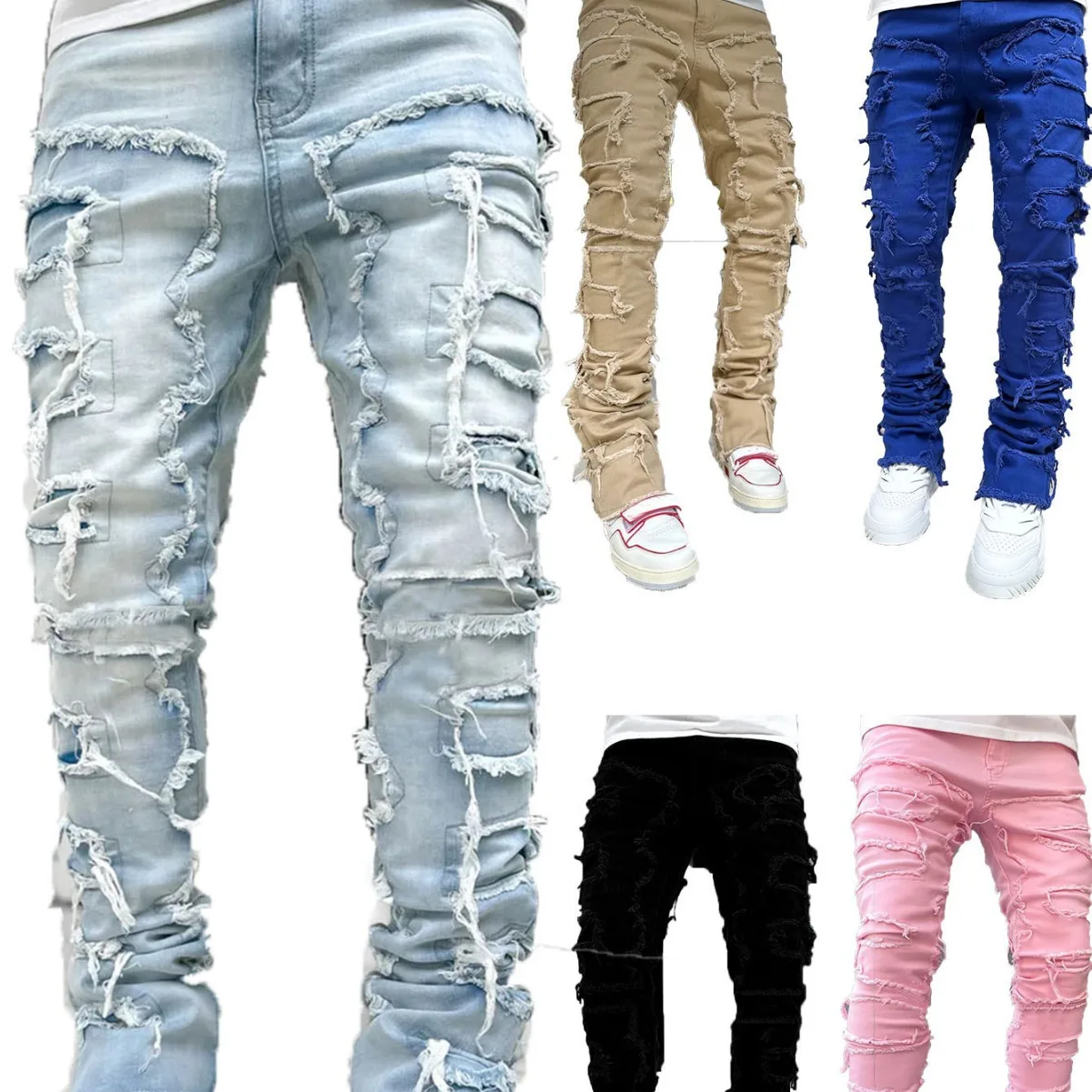 Men Jeans Tassel Straight Pants Patchwork Mid Waist Slim Denim Zipper Slim Pockets Streetwear Sheath Solid Ankle Length