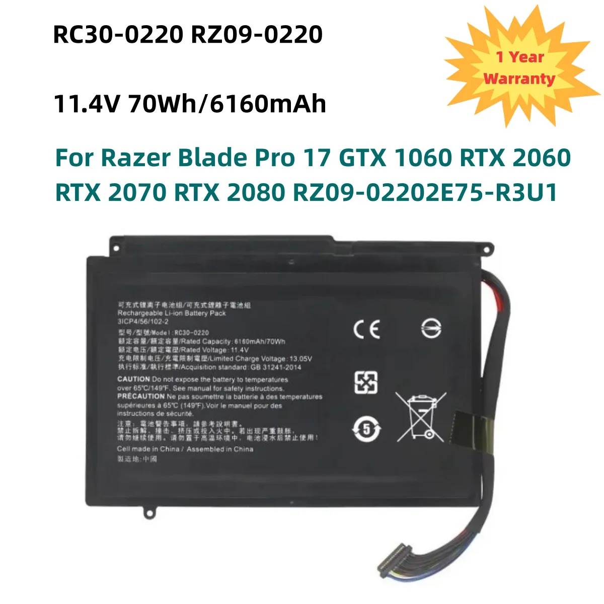 RC30-0220 RZ09-0220 Battery For Razer Blade Pro 17 GTX 1060 RTX 2060 RTX 2070 RTX 2080 RZ09-02202E75-R3U1 11.4V 70WH