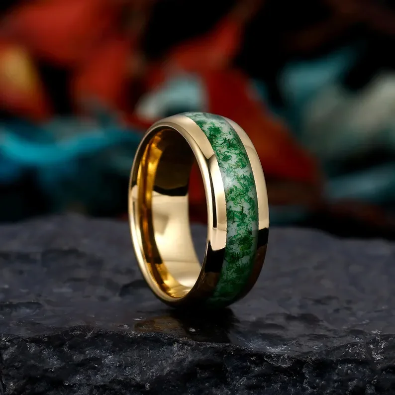 Mens Wedding Ring, Moss Agate Tungsten Ring, Polish 8mm, Mens Wedding Band, Natural Moss Agate Gold Mens Ring