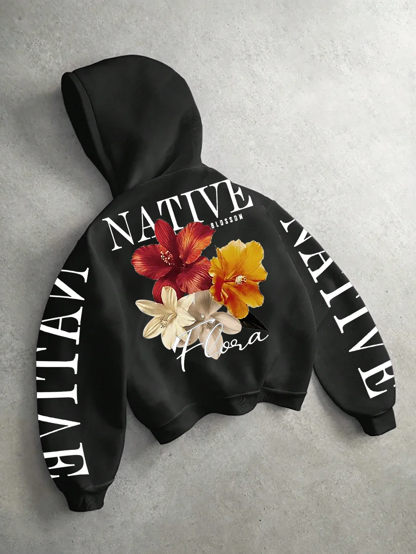 Men Hoodie Sweatshirt Back Sleeve Printed Native Floral Graphic Long Sleeve Drawstring Casual Vintage Autumn Winter Streetwear