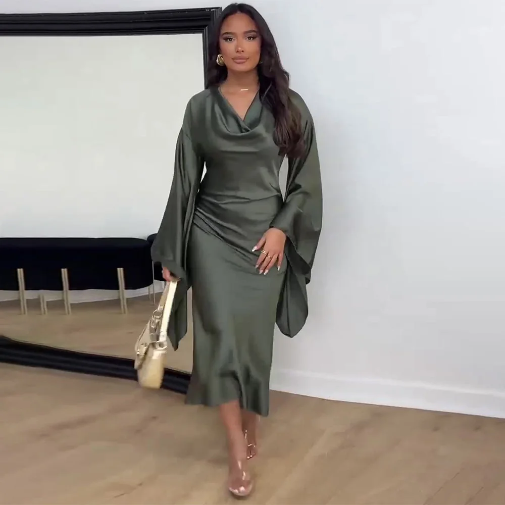 أنيقة الصلبة المرأة 2025 فساتين راقية طويلة الخفافيش كم سوينغ طوق Ruched شق عادية رسمية أنيقة فساتين لحفلات الكوكتيل