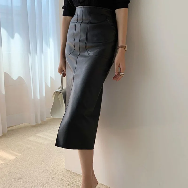 Women\'s Slim Straight Faux Leather Skirts Autumn Winter Package Hip Long PU Jupe Chic Split Designed Fashion Solid Mujer Faldas