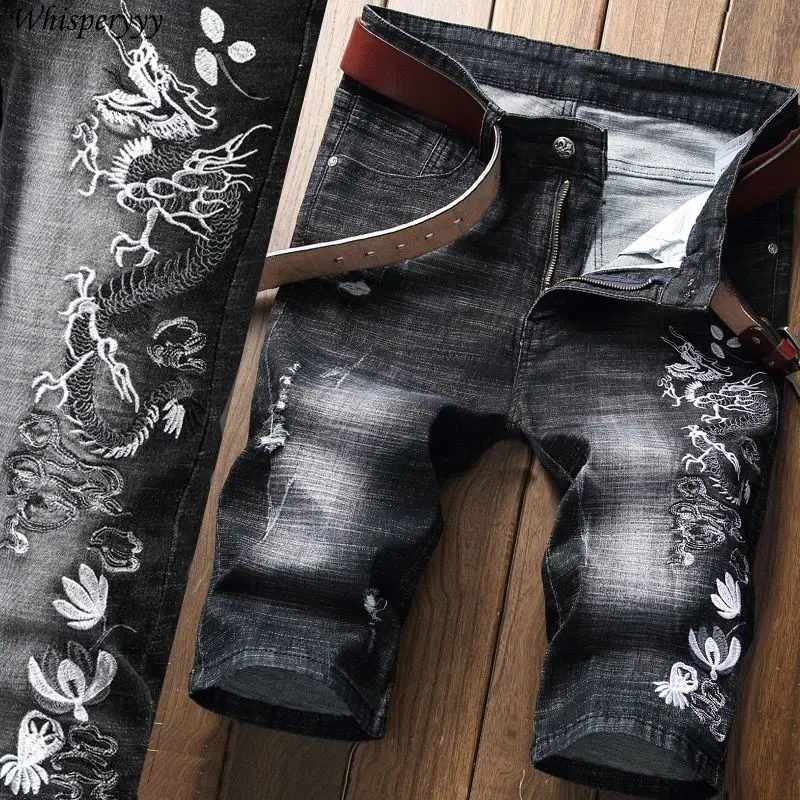 

Summer New Embroidered Ripped Denim Shorts Male Slim Five Quarter Pants Streetwear Fashion Men Clothing Black Medium Pants