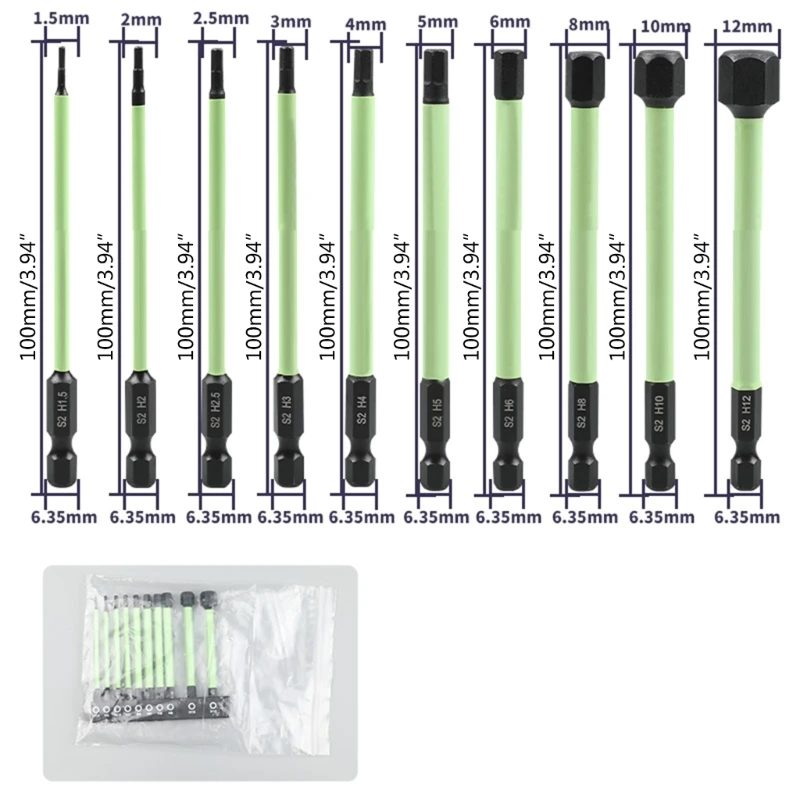 10Pcs 1.5mm-12mm Allen Wrench Drill Bit 1/4inch Hex Screwdriver Bit Set Allen Key Bit Set for Assembling Furniture