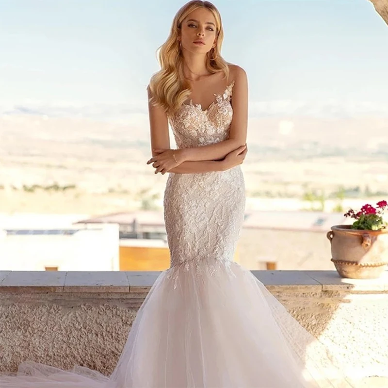 Robe de Mariée Sirène Romantique, Longue, avec Traîne Appliquée, 2023