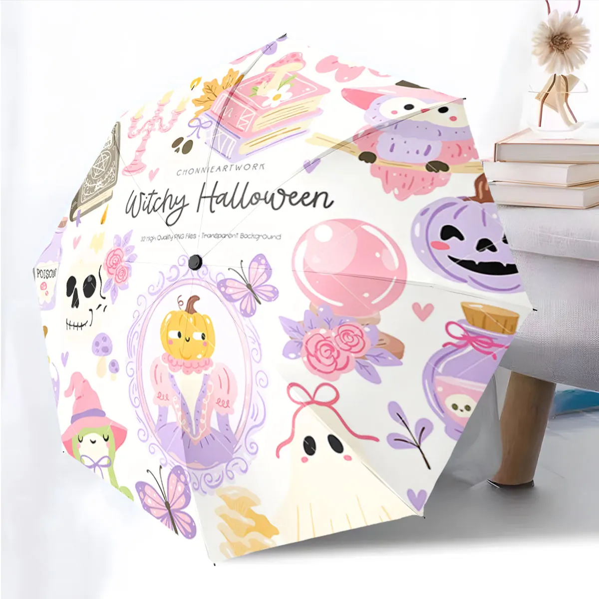 1PC Whimsical Halloween Umbrella with Cute Graphics Print 8 Iron Ribs Folding Umbrella Auto-Open Fashion Sunshade