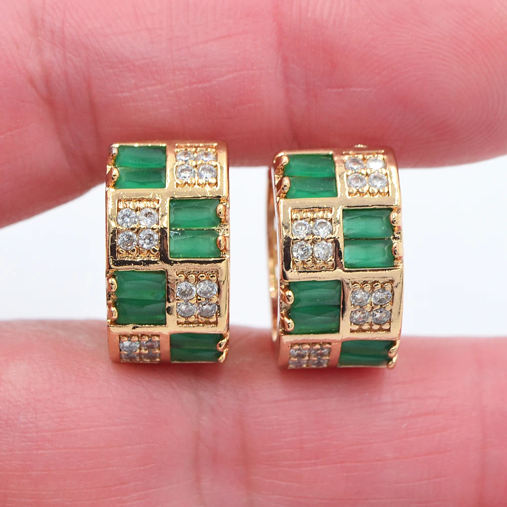 Fashion Gold Color Luxury Green Zircon CZ Huggie Hoop Earrings for Women