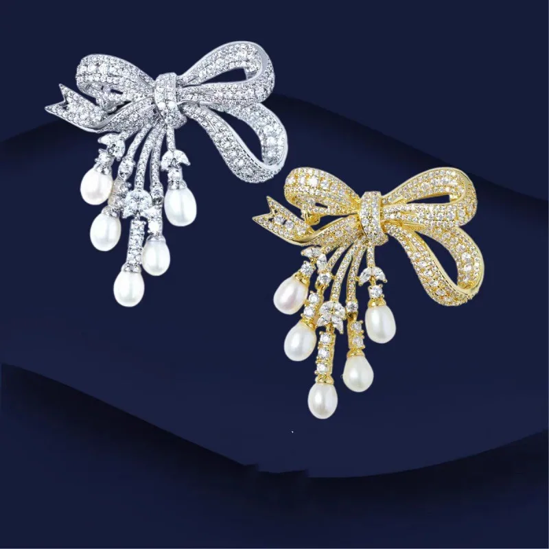 

Zirconia Micro Pave Bow brooch, high-end women's freshwater pearl tassel chest flower Brooch