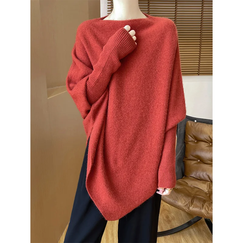 French Fashion Wool Sweater For Women Long Sleeved Solid Color Pullover One Neck Loose Knit Shawl