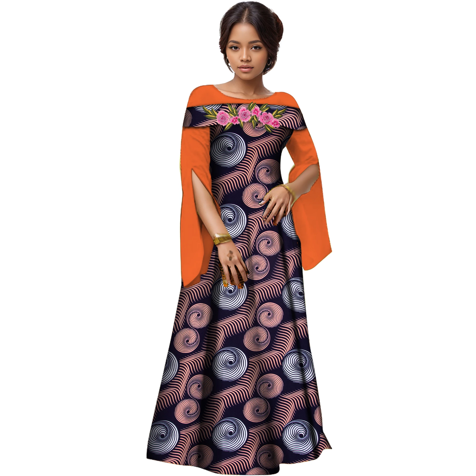 

Slash Neck Ankara Dress Women African Wax Print Robe Africaine Bazin Riche African Long Dress Gown Dress with Appliques WY7050