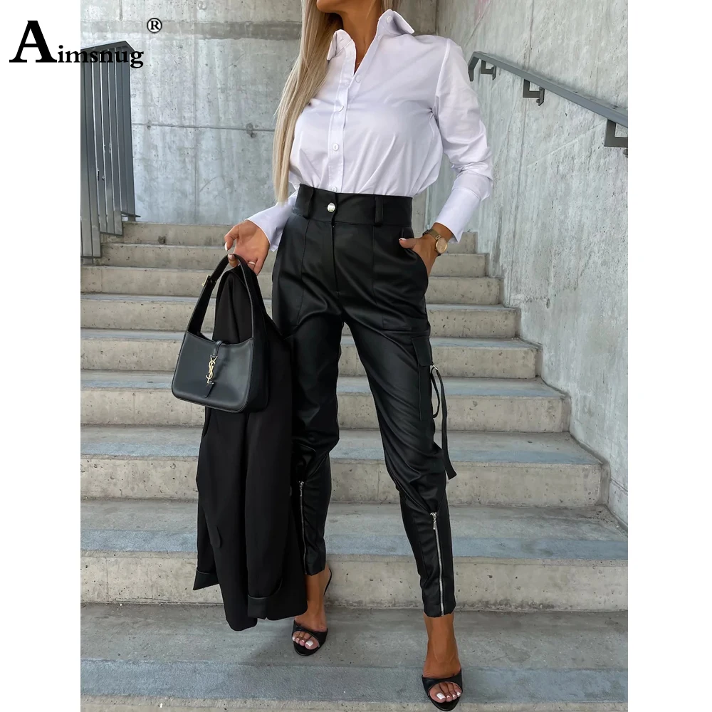 

Women Fashion Zippers Cuff PU Leather Pants Female Multi-Pocket Trouser Girls High Cut Pencil Pants Black Soft Faux Leather Pant