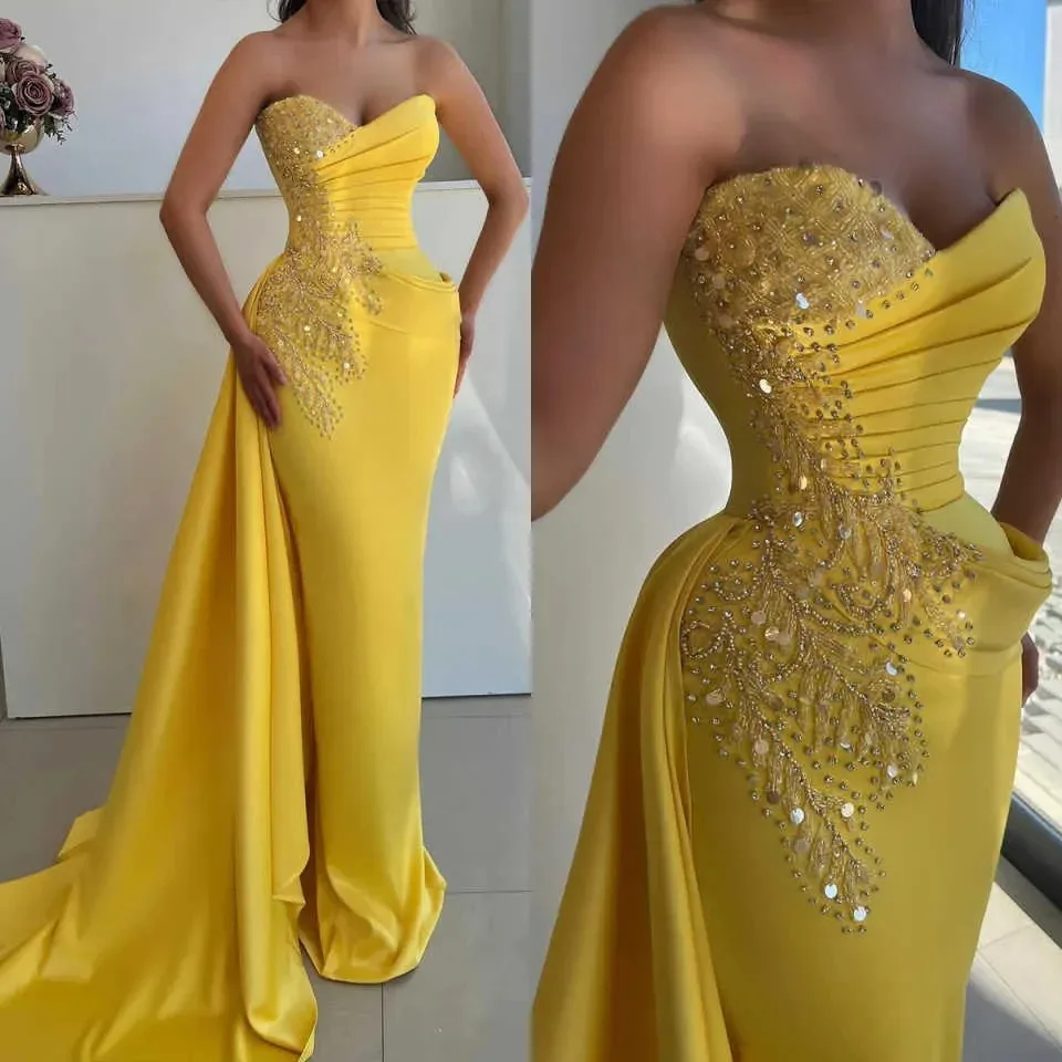 Żółte satynowe sukienki na studniówkę w stylu syreny, zdobione kryształami i cekinami, z dekoltem w serduszko, wieczorowe, formalne, na przyjęcie, drugie urodziny, zaręczyny, szyte na miarę.