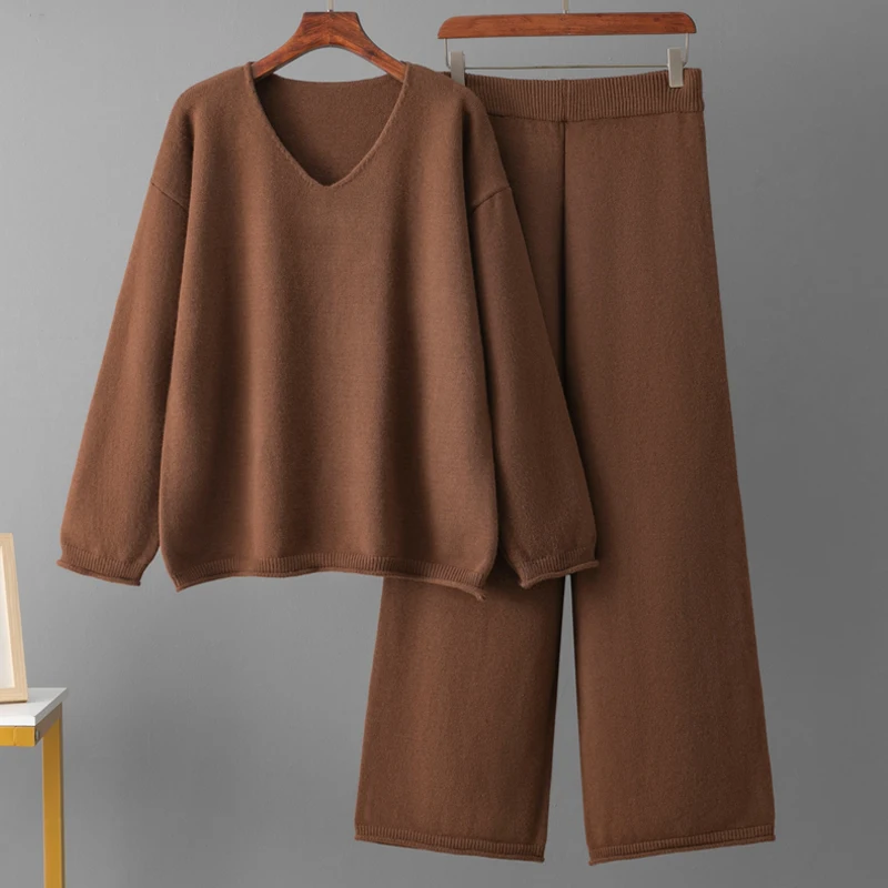 Warm Winter Knitted Two Pieces Sets Women Outfits Long Sleeve V Neck Sweaters+Casual Wide Leg Pants Basics Loose 2pcs Suits