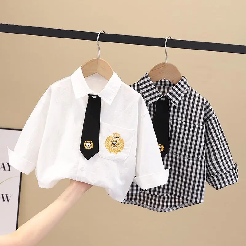 Spring Summer Toddler Boys Cotton Long Sleeved Plaid Shirt New Korean Top Baby White Shirt And Tie Shirt Baby Thin Clothing