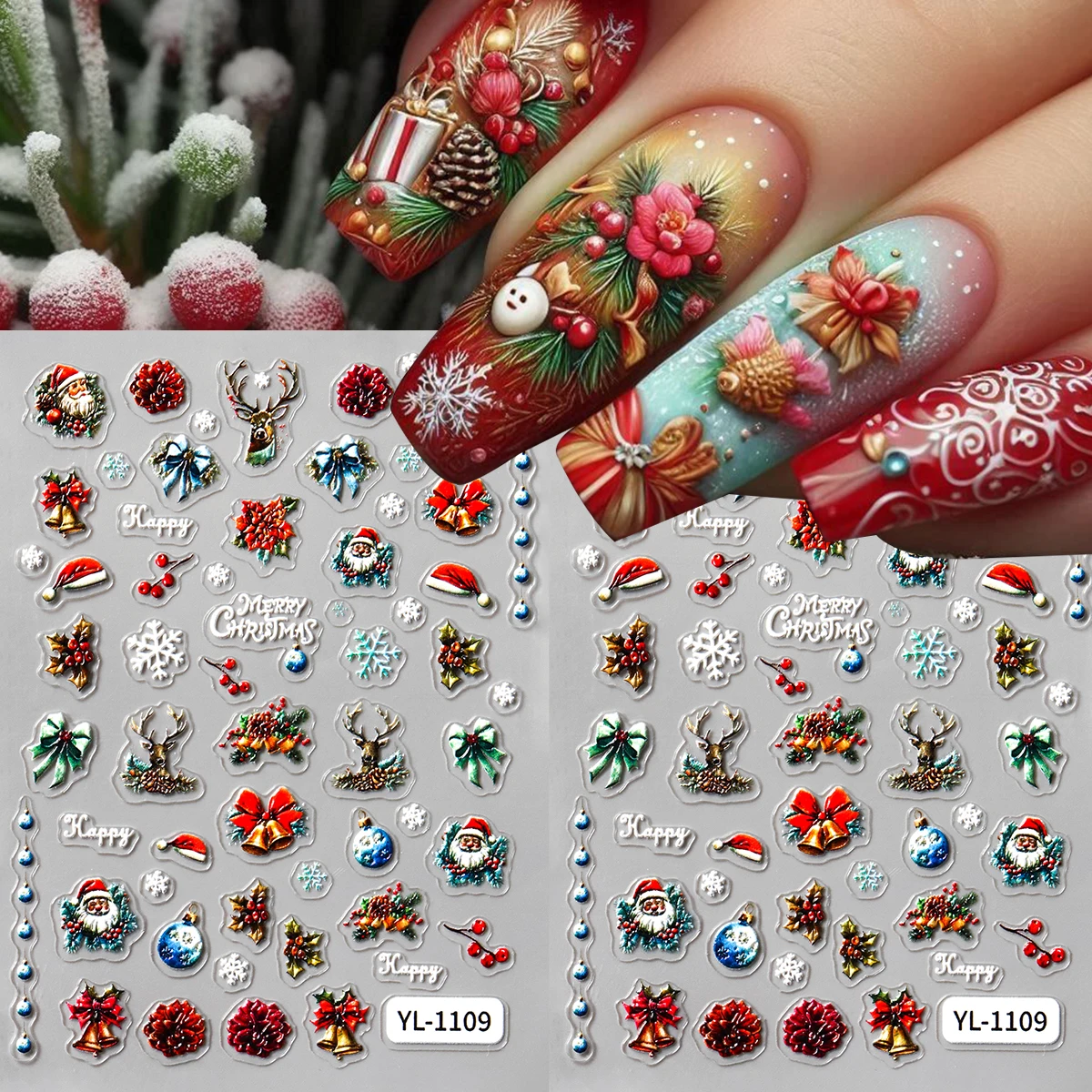 2pcs 5D Embossed Christmas Nail Art Sticker Santa Claus Bells Winter Snowflakes Elk Self-Adhesive Nail Decal DIY Festive New Yea