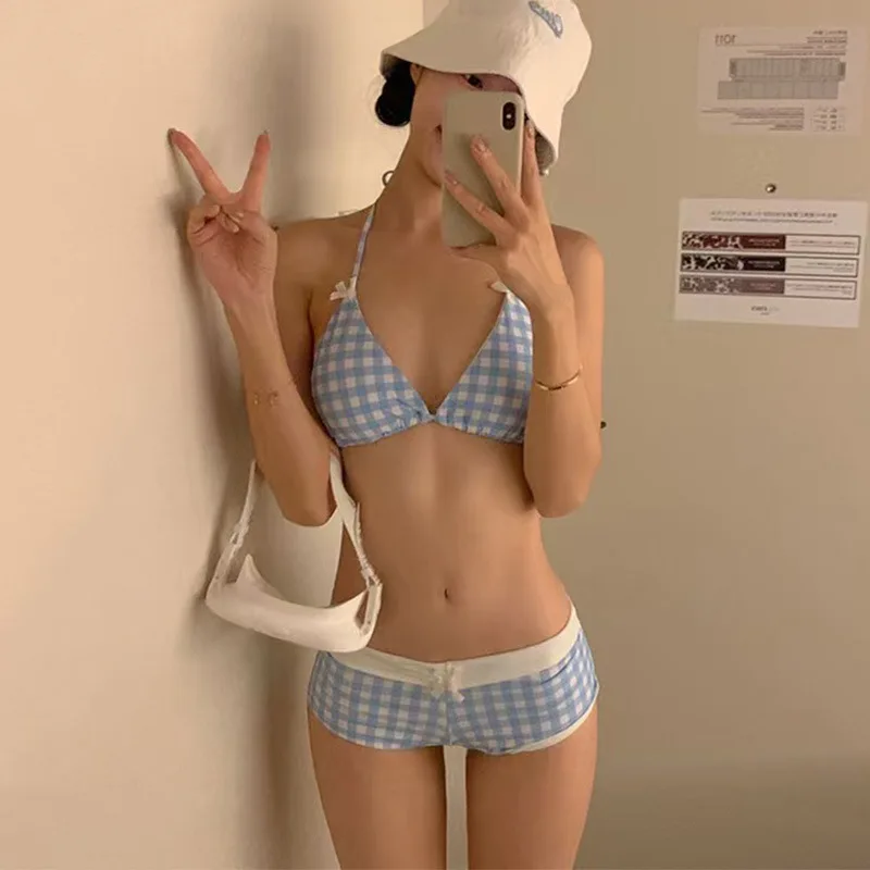 

Korean Style Plaid Bikini Sweet & Sexy Two Piece Swimsuit Cute Girl Beach Set Summer Holiday Women Backless Halter Pool Outfits