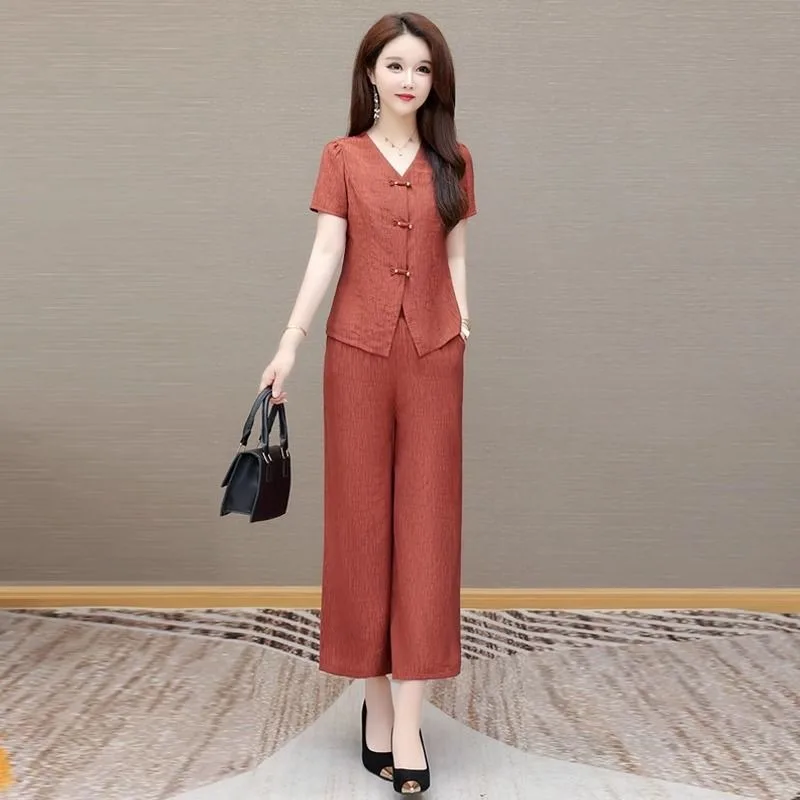 

Women's New Chinese Linen 2-Piece Set V-Neck Short Sleeve Top Wide Leg Pants Summer Outfit